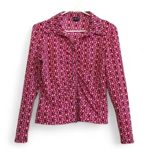 INC Pink Geometric Button Down Blouse Ruched Abstract Top Work Barbie Neon Cute